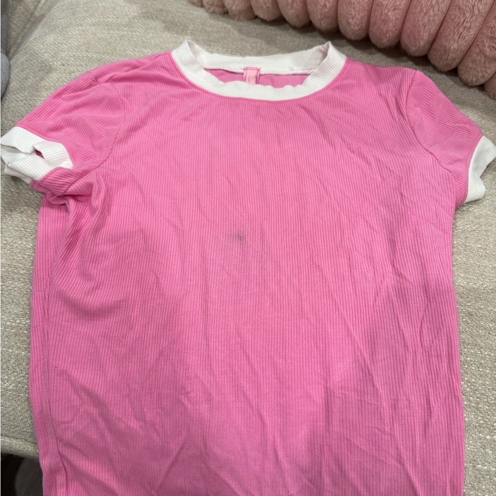 SKIMS Pink Ribbed T-Shirt with White Trim